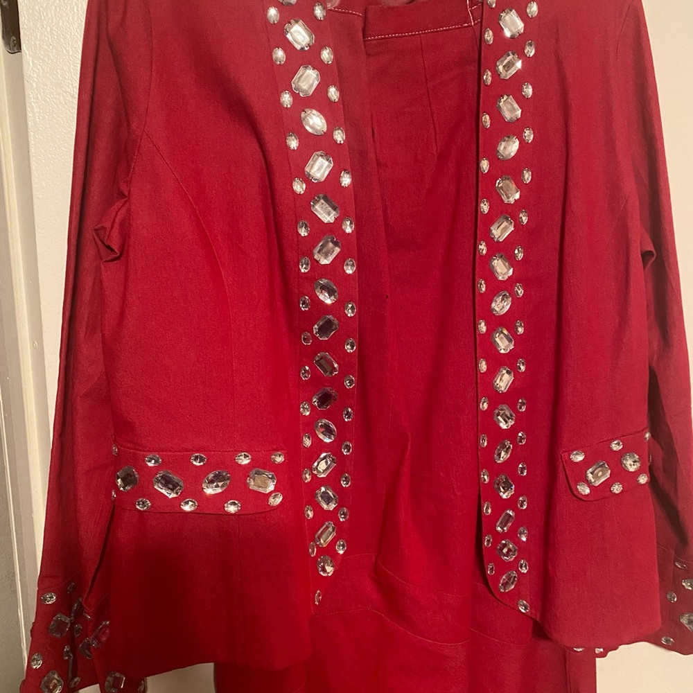 Devine denim,3 piece pleated skirt, rhinestones on jacket and shell long skirt